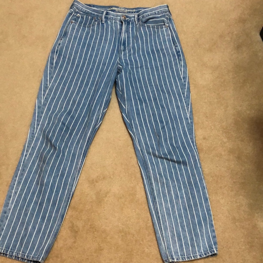 American Eagle blue and white pinstriped jeans